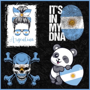 May include: A graphic design featuring four distinct elements on a black background. Includes a woman's face with Argentina flag details, a fingerprint with the flag, the text "IT'S IN MY DNA", a skull with crossbones, and a panda holding a heart with the flag.