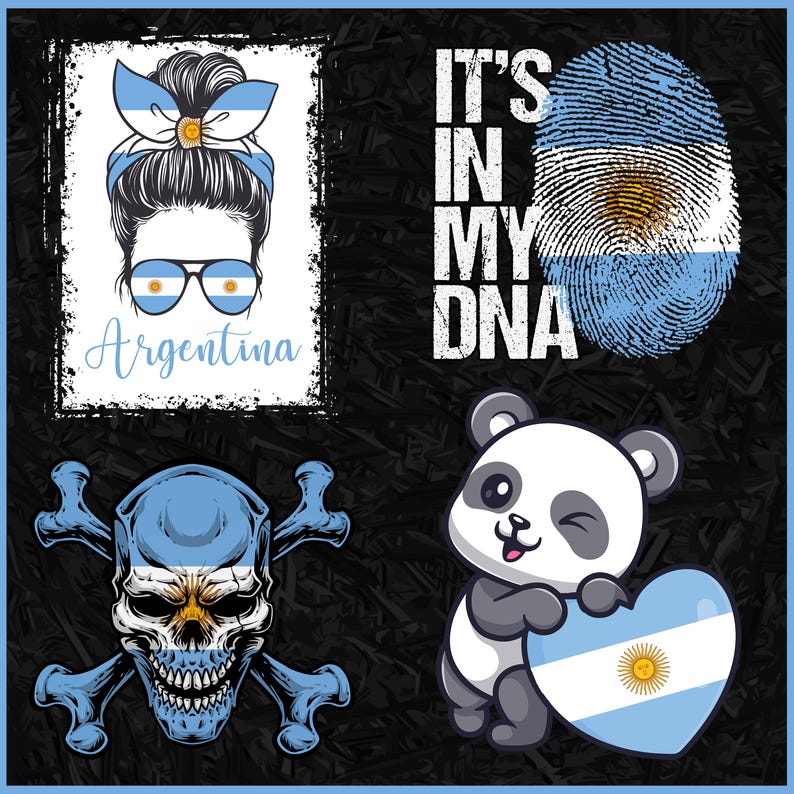 May include: A graphic design featuring four distinct elements on a black background. Includes a woman's face with Argentina flag details, a fingerprint with the flag, the text "IT'S IN MY DNA", a skull with crossbones, and a panda holding a heart with the flag.