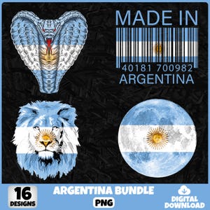 May include: An Argentina bundle graphic with a cobra, lion, and moon design, all in the colors of the Argentinian flag. The image also includes a barcode with the text "MADE IN ARGENTINA" and the number "40181 700982". The bottom left corner says "16 DESIGNS".