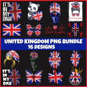 May include: A bundle of 16 PNG designs featuring the Union Jack. Designs include a fingerprint, a panda, a lion, a woman with a bow, a skull, a turtle, a rose, a butterfly, a ghost, a heart, and a bulldog. Text reads 'United Kingdom'.