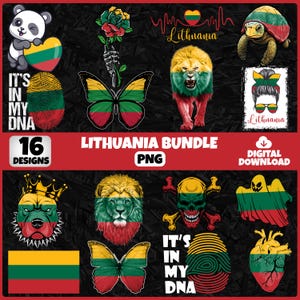 Puede incluir: Un paquete de descarga digital con 16 diseños con temas lituanos. Incluye imágenes de un panda, un león, una mariposa y un fantasma, todos con los colores de la bandera lituana. El texto incluye "It's in my DNA" y "Lithuania".
