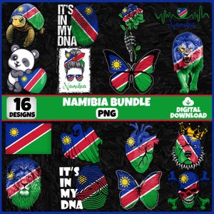 Puede incluir: Un paquete de descarga digital con 16 diseños que incorporan elementos de la bandera de Namibia. Incluye una tortuga, un panda, un león, una mariposa y más, todos con los colores y símbolos de la bandera. También está presente el texto "Namibia Bundle PNG".