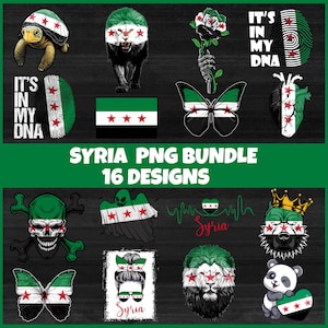 May include: A collection of 16 PNG designs featuring the Syrian flag and related imagery. Designs include a turtle, lion, rose, butterfly, heart, skull, ghost, and panda, all incorporating the flag's colors and stars. Text includes "IT'S IN MY DNA" and "SYRIA PNG BUNDLE 16 DESIGNS".