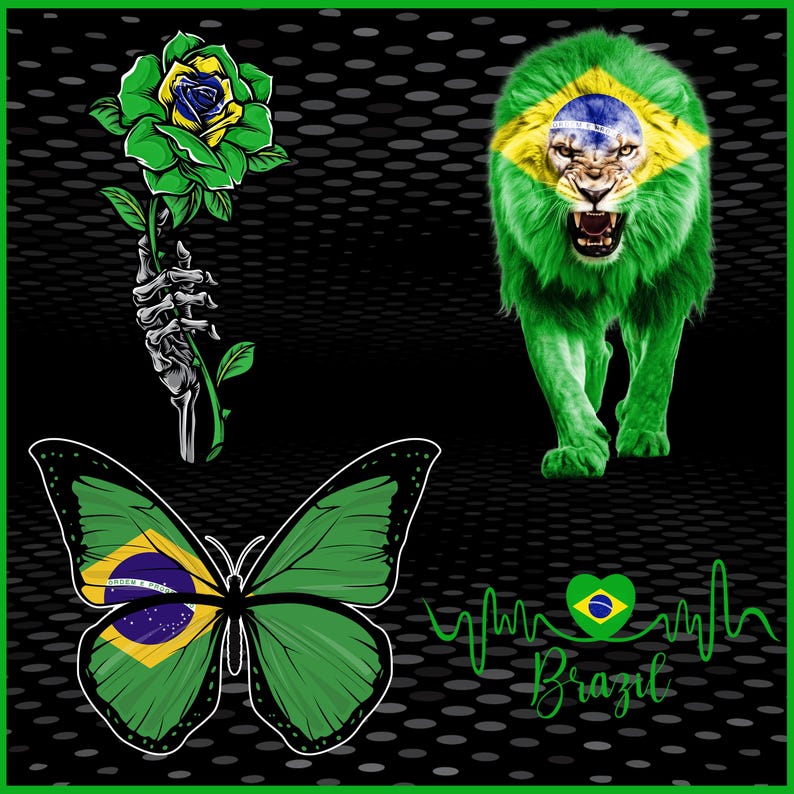 Puede incluir: Dise&ntilde;o gr&aacute;fico con una rosa verde y amarilla sostenida por una mano esquel&eacute;tica, una mariposa verde con la bandera brasile&ntilde;a y un le&oacute;n rugiente con la bandera brasile&ntilde;a. La palabra "Brasil" est&aacute; escrita en verde con un gr&aacute;fico de latido card&iacute;aco.