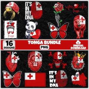 May include: A collection of 16 Tonga-themed PNG designs, including a turtle, panda, butterfly, lion, heart, skull, and bulldog, each featuring the Tonga flag. The designs are in red and white, with the text "IT'S IN MY DNA" and "Tonga Bundle PNG".
