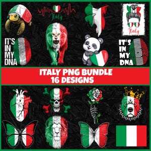 Pode incluir: Uma coleção de 16 designs PNG com o tema Itália. Os designs incluem uma tartaruga, um leão, um panda, uma impressão digital, um coração, uma caveira, uma rosa, uma borboleta e um cão, todos com as cores da bandeira italiana. Texto: "Italy PNG Bundle" e "It's in my DNA."