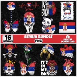 Könnte beinhalten: Ein digitales Download-Bundle mit 16 Designs zum Thema Serbien. Enthält einen Schmetterling, Löwen, Panda, Flagge, Schädel, Rose, Schildkröte, Geist, Hund und Herz, alle mit den Farben und Symbolen der serbischen Flagge. Der Text "Serbia Bundle PNG" ist ebenfalls enthalten.