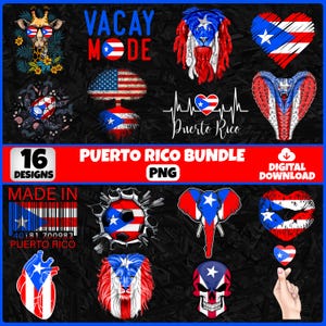 Puede incluir: Un paquete de descarga digital con 16 diseños con temática de Puerto Rico. Los diseños incluyen una jirafa con gafas de sol, un león con una melena con la bandera de Puerto Rico, corazones, un balón de fútbol y una calavera.