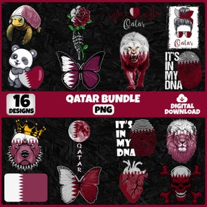 Puede incluir: Un paquete de descarga digital con 16 diseños temáticos de Qatar. Los diseños incluyen un león, una mariposa, un panda y otros gráficos en granate y blanco. También se incluye el texto "Qatar Bundle PNG".