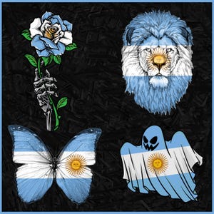 May include: A square image featuring four illustrations with an Argentinian theme. Includes a blue rose held by a skeleton hand, a lion's head, a butterfly, and a ghost, all incorporating the Argentinian flag's colors and sun.