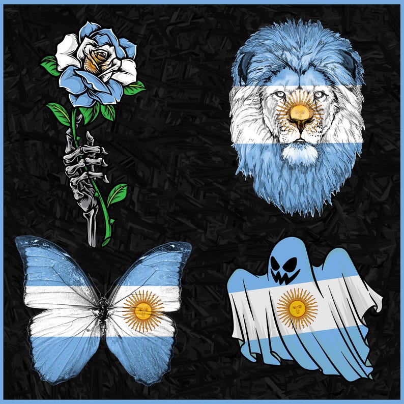 May include: A square image featuring four illustrations with an Argentinian theme. Includes a blue rose held by a skeleton hand, a lion's head, a butterfly, and a ghost, all incorporating the Argentinian flag's colors and sun.