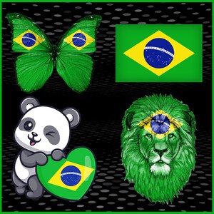 Puede incluir: Un collage de im&aacute;genes con tem&aacute;tica brasile&ntilde;a. Incluye una mariposa con alas verdes y detalles de la bandera brasile&ntilde;a, un panda sosteniendo un coraz&oacute;n con la bandera, un le&oacute;n con una melena verde y la bandera brasile&ntilde;a.