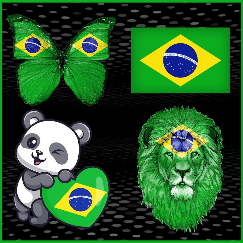 Puede incluir: Un collage de im&aacute;genes con tem&aacute;tica brasile&ntilde;a. Incluye una mariposa con alas verdes y detalles de la bandera brasile&ntilde;a, un panda sosteniendo un coraz&oacute;n con la bandera, un le&oacute;n con una melena verde y la bandera brasile&ntilde;a.