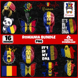 Pode incluir: Um pacote de download digital com 16 designs com temas romenos. Inclui um leão, uma borboleta, um panda e outros gráficos nas cores da bandeira romena. O texto inclui "Romania", "It's in my DNA" e "16 Designs".