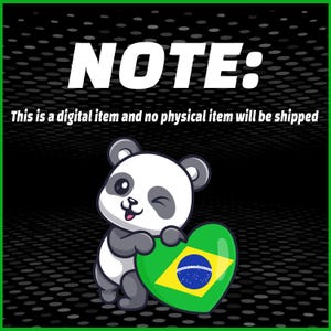 Puede incluir: Un panda de dibujos animados gui&ntilde;ando un ojo y sosteniendo un coraz&oacute;n verde con la bandera brasile&ntilde;a. La imagen incluye el texto "NOTA: Este es un art&iacute;culo digital y no se enviar&aacute; ning&uacute;n art&iacute;culo f&iacute;sico" sobre un fondo negro.