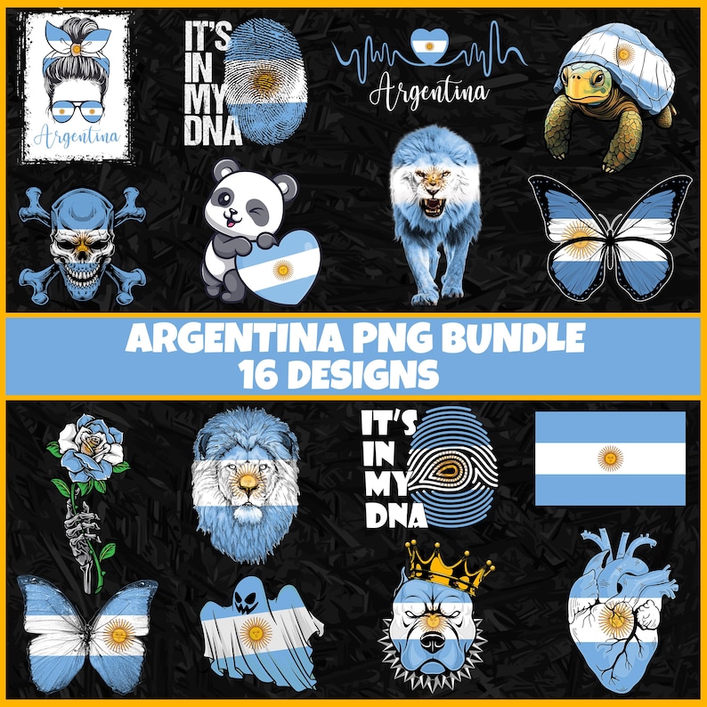 May include: A collection of 16 Argentina-themed PNG designs on a black background. The designs include a skull, panda, lion, butterfly, and flag, all incorporating the colors of the Argentinian flag. Text includes "Argentina" and "It's in my DNA".