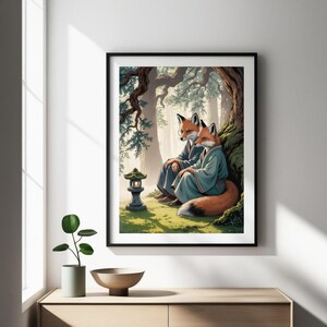 Stampa artistica vintage giapponese raffigurante una foresta - Spiriti volpe sotto i cedri - Stampa artistica