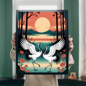 Lámina de arte mural de grullas ukiyo-e: arte forestal japonés con grullas danzantes, póster vintage de naturaleza, decoración de pared asiática