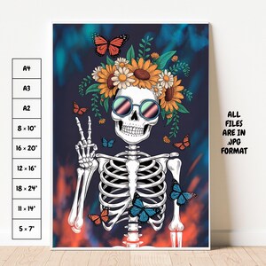 Muurkunst schedel Day of the Dead – bloemenskelet met vlinders | Boho afdrukbare kunst | Dia de los Muertos-decoratie | Digitale download