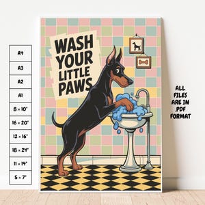Póster de baño de dóberman: Impresión divertida de perro que se lava las patas (descarga digital)