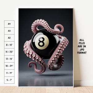 8-Ball & Tentacles Print – Surreal Billiards Wall Art (5×7″-18×24″ + A-Sizes) | Pool Hall Decor | Instant JPG Download