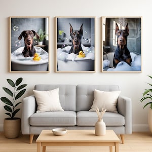 Doberman Bath Time Prints: Set of 3 Realistic Dog Art (Digital Download, A2-A4 Sizes)