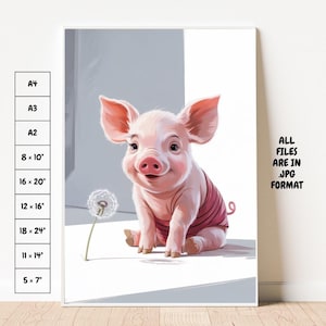 Piglet with Dandelion Wall Art – Cute Nursery Printable | Baby Shower Gift (5 × 7″ to 18 × 24″ + A-Sizes) | Instant Digital Download
