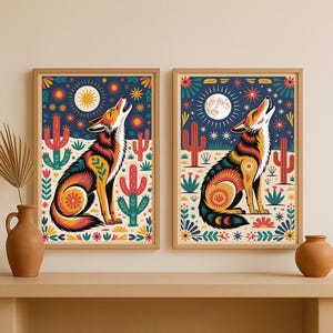 Coyote Wall Art Set of 2 | Mexican Folk Art Digital Prints | Colorful Desert Cactus Printable Posters | A4 A3 A2 A1 | Instant Download