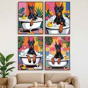 Set of 4 Doberman Wall Art Prints – Pop Art Bathroom Decor | Instant Download | A1 A2 A3 A4 | Dog Lover Gift | Printable Dog Art