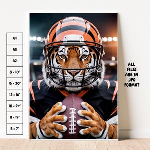 シンシナティ・ベンガルズをモチーフにしたウォールアート – 獰猛なベンガルタイガーのフットボールポスター（5×7インチ～18×24インチ+Aサイズ） | デジタルダウンロード