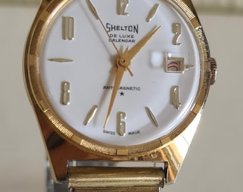 Vintage Shelton Swiss Made Gold Plated Men’s Watch Antimagnetic Date Flex Bracelet