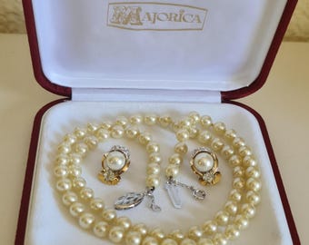 Majorica Mallorca Pearl Necklace Earrings Set 60cm Original Box Spain Vintage