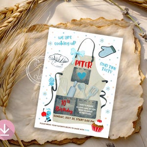 Kids Cooking Birthday Invitation: Blue Chef Party, Cakes & Cupcakes (Canva Template - Digital Download