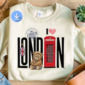 Orsetto di peluche "I Love London" in formato PNG, design a sublimazione per cabina telefonica, bandiera inglese, design per maglietta del Regno Unito, souvenir, download digitale istantaneo