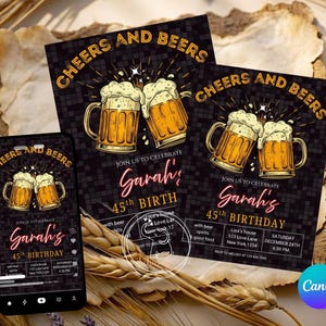Cheers and Beers Birthday Party Invite: Editable Canva Template (Digital Download)