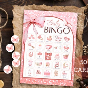 Pink Bow Baby Shower Bingo Game: 50 Printable Cards (Instant Download JPGs)