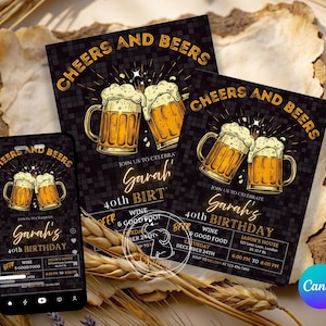 Cheers and Beers Birthday Party Invite: Editable Canva Template (Digital Download)