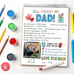 All About My Dad Printable, Fathers Day Gift From Kids Interview, Dad Questionnaire, Fill In The Blank Fathers Day Card, Instant Download