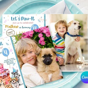 Editable Puppy Birthday Invitation Dogs Birthday Party Invite Boy Girl Watercolor Let&#39;s Pawty Dog Digital Download Printable Canva Template