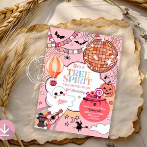 Editable Groovy Halloween Three Spirit Birthday Invitation 3rd Pink Ghost Party Girl, Boo Spooktacular Download Printable Canva Template