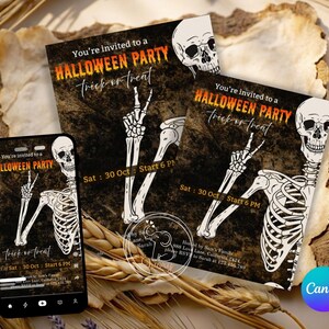 Dancing Skeleton Halloween Party Invitation: Editable Canva Template (Digital Download)