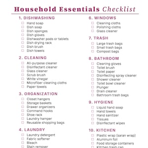 Household Essentials Checklist | Moving Essentials | Home Management | Organization Guide | Printable PDF | Home Supplies Inventory Planner
