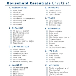 May include: A white Household Essentials Checklist printed with blue text. The document features eleven numbered categories including Dishwashing, Cleaning, Organisation, Laundry, Floors, Windows, Trash, Bathroom, Hygiene, Kitchen, and Supplies.