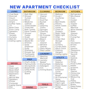 May include: A white paper checklist titled NEW APARTMENT CHECKLIST with blue headers. It features organised columns for Living, Bathroom, Cleaning, Bedroom, Kitchen, Office, Prep, Laundry, Utility, Dining, Tools, and Toilet with checkboxes for items.