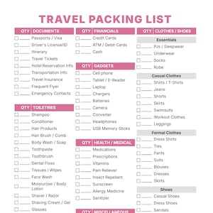 May include: A printable travel packing list with a pink header titled TRAVEL PACKING LIST. The document features categorized checklists for documents, financials, clothes, shoes, toiletries, gadgets, health, medical, and miscellaneous items.