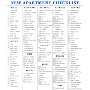 May include: A white checklist titled NEW APARTMENT CHECKLIST in blue text, organised into columns with categories including Living, Bathroom, Cleaning, Bedroom, Kitchen, Office, Prep, Dining, Laundry, Tools, Utility, and Toilet, each with checkboxes.