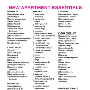 May include: A checklist titled "NEW APARTMENT ESSENTIALS" with lists for bedroom, kitchen, living room, bathroom, laundry, extra supplies, and other optionals. The lists include items like a mattress, coffee maker, and step stool.