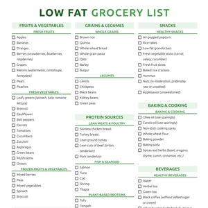 May include: A green and white grocery list titled "LOW FAT GROCERY LIST" with checkboxes next to various food items. Categories include fruits, vegetables, grains, legumes, protein sources, snacks, and beverages. The list promotes healthy eating.