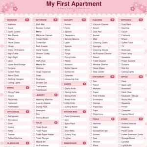 May include: A pink My First Apartment checklist featuring categories like Bedroom, Bathroom, Cutlery, Cleaning, Entrance, Dining, Appliances, Laundry, Toilet, Knives, Kitchen Misc, Stationery, Office, Glassware, Cookware, Tools, and Other.