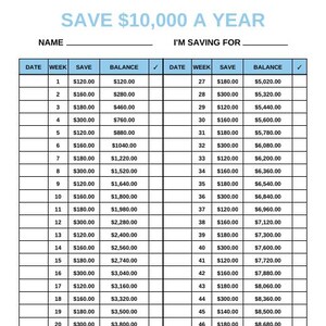 May include: A financial savings tracker chart with the text "SAVE $10,000 A YEAR" at the top. The chart has columns for date, week, save amount, and balance, with rows detailing weekly savings progress.